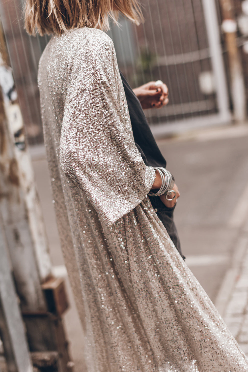 Sequin Open Front Duster Cardigan Trendsi