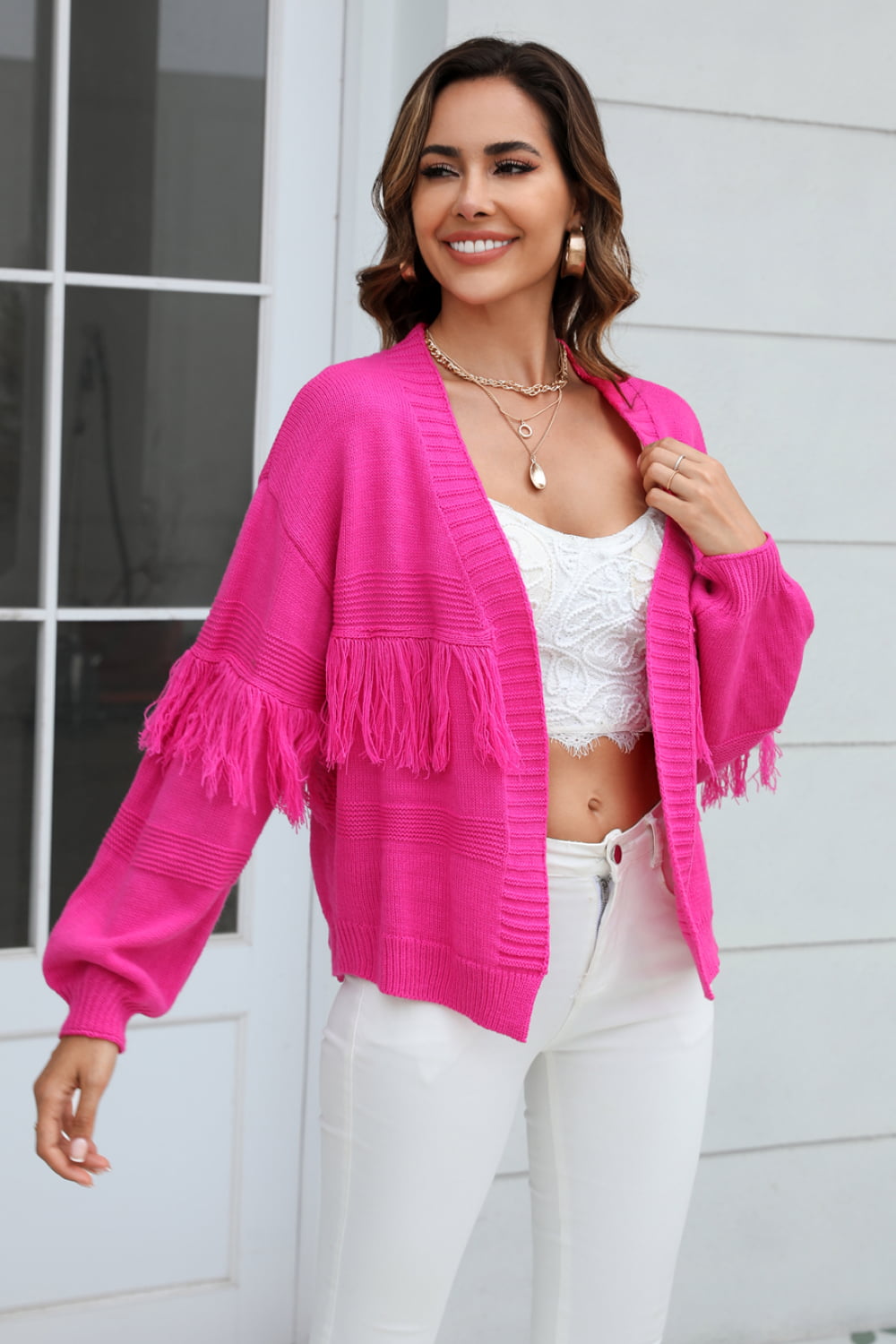 Double Take Fringe Trim Open Front Cardigan Trendsi
