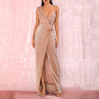 Solid Color Asymmetrical Sequin Slit Party Dress aclosy