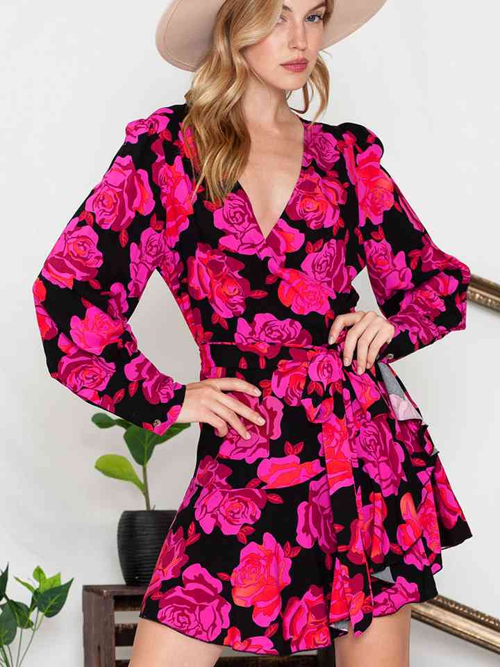 Floral Print Surplice Neck Long Sleeve Dress Trendsi