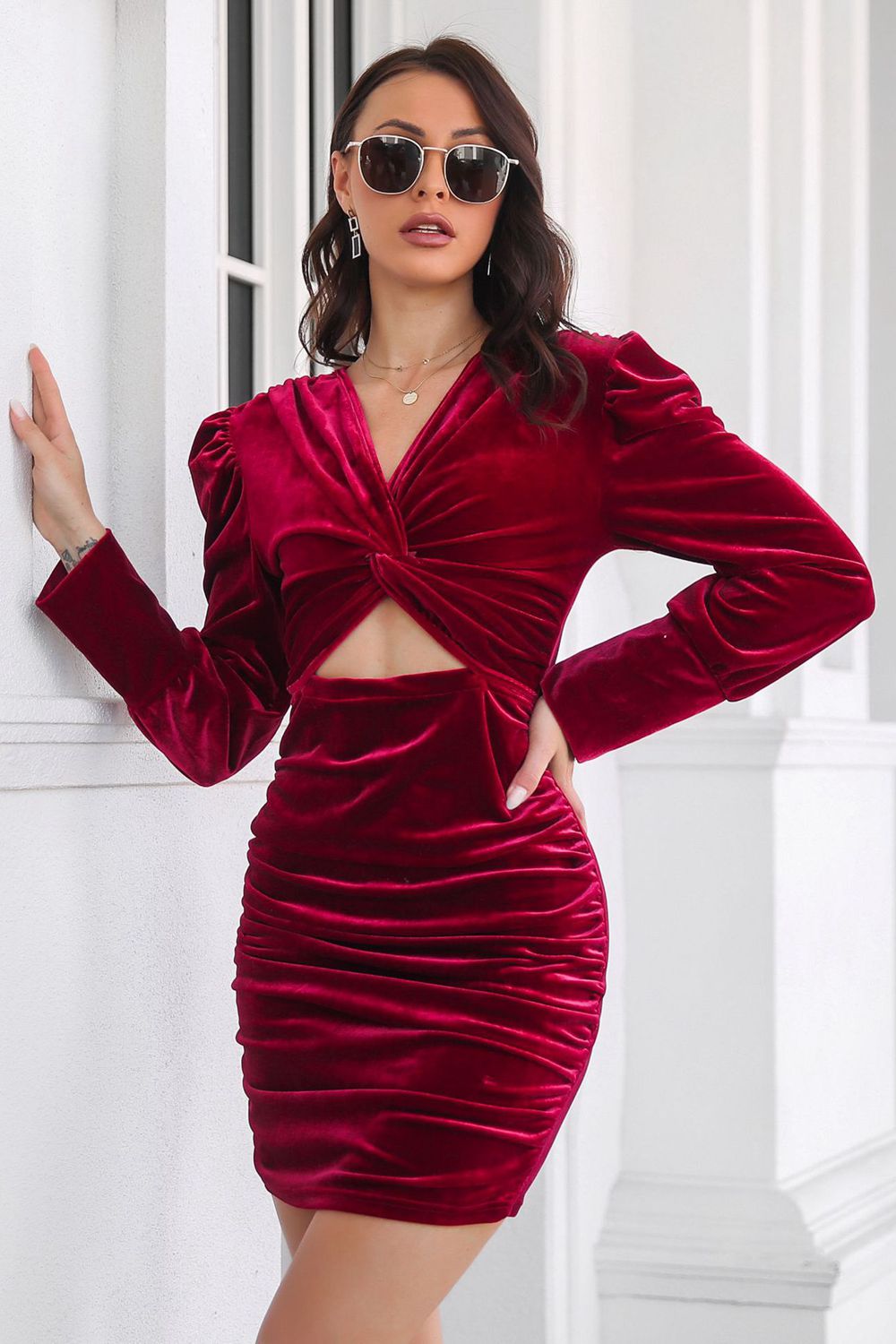 Twist Front Cutout Long Sleeve Dress Trendsi