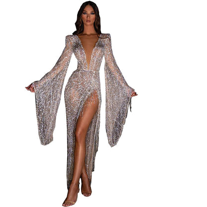 Tassel Deep V Prom Designer Dress-Silver aclosy