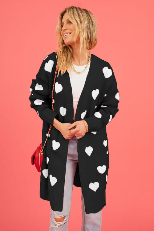 Heart Graphic Open Front Cardigan with Pockets Trendsi