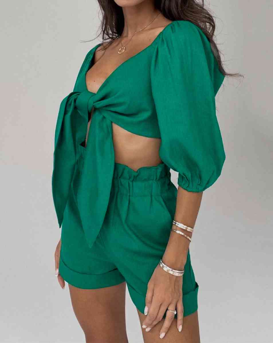 Cutout Puff Sleeve Top and Shorts Set Trendsi