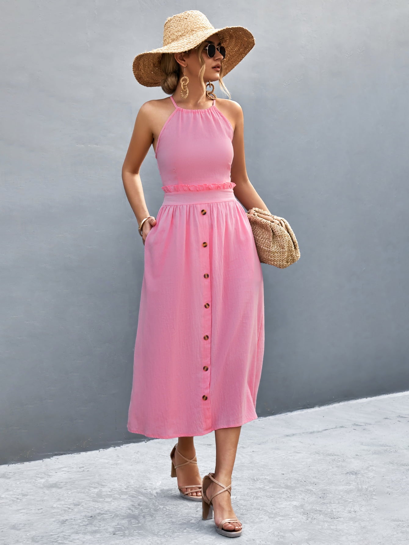 Buttoned Halter Neck Frill Trim Midi Dress Trendsi