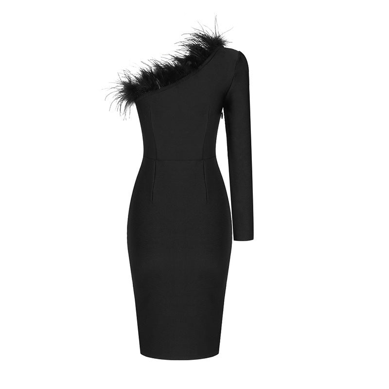 Fur One-shoulder Mesh Dress aclosy