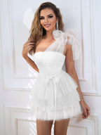 One-Shoulder Tie Waist Layered Dress Trendsi