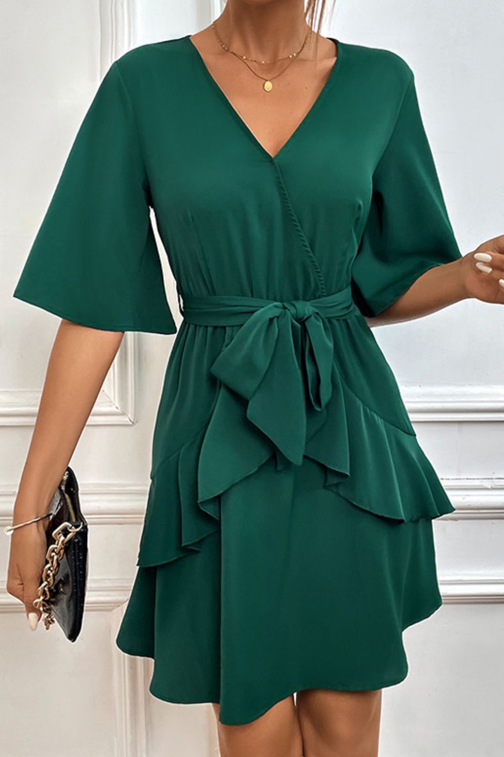 Tie Belt Surplice Neck Ruffled Dress Trendsi