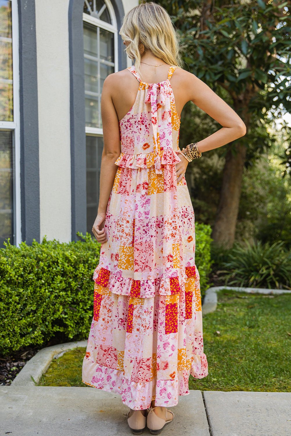 Patchwork Grecian Neck Ruffled Maxi Dress Trendsi