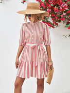 Striped Half Sleeve Tie Waist Mini Dress Trendsi