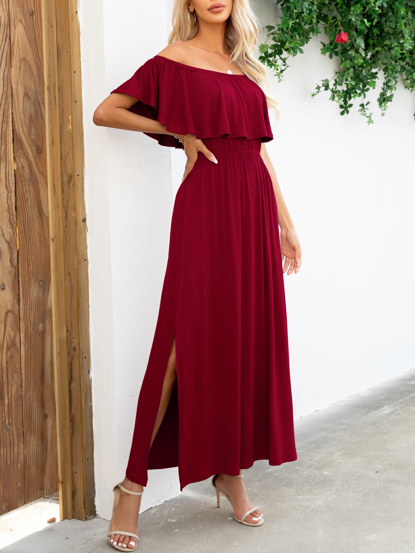 Off-Shoulder Slit Maxi Dress Trendsi