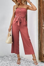 Decorative Button Strapless Smocked Jumpsuit with Pockets Trendsi