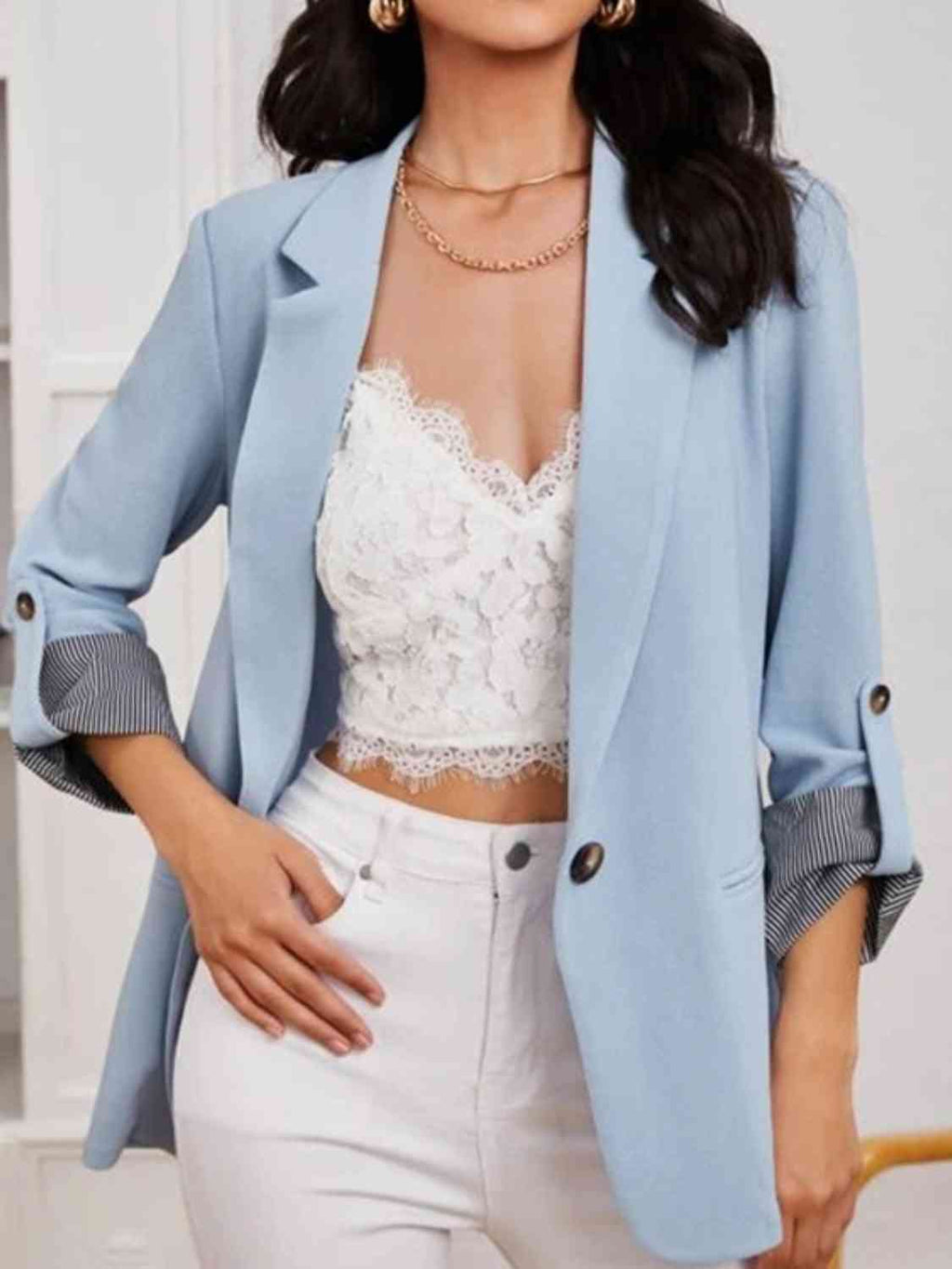 Lapel Collar Roll-Tab Sleeve Blazer Trendsi