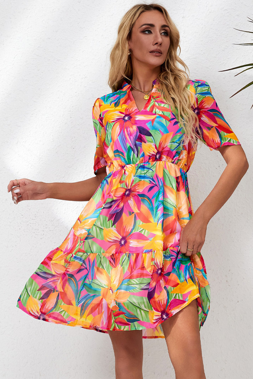 Floral Notched Neck Short Sleeve Dress Trendsi