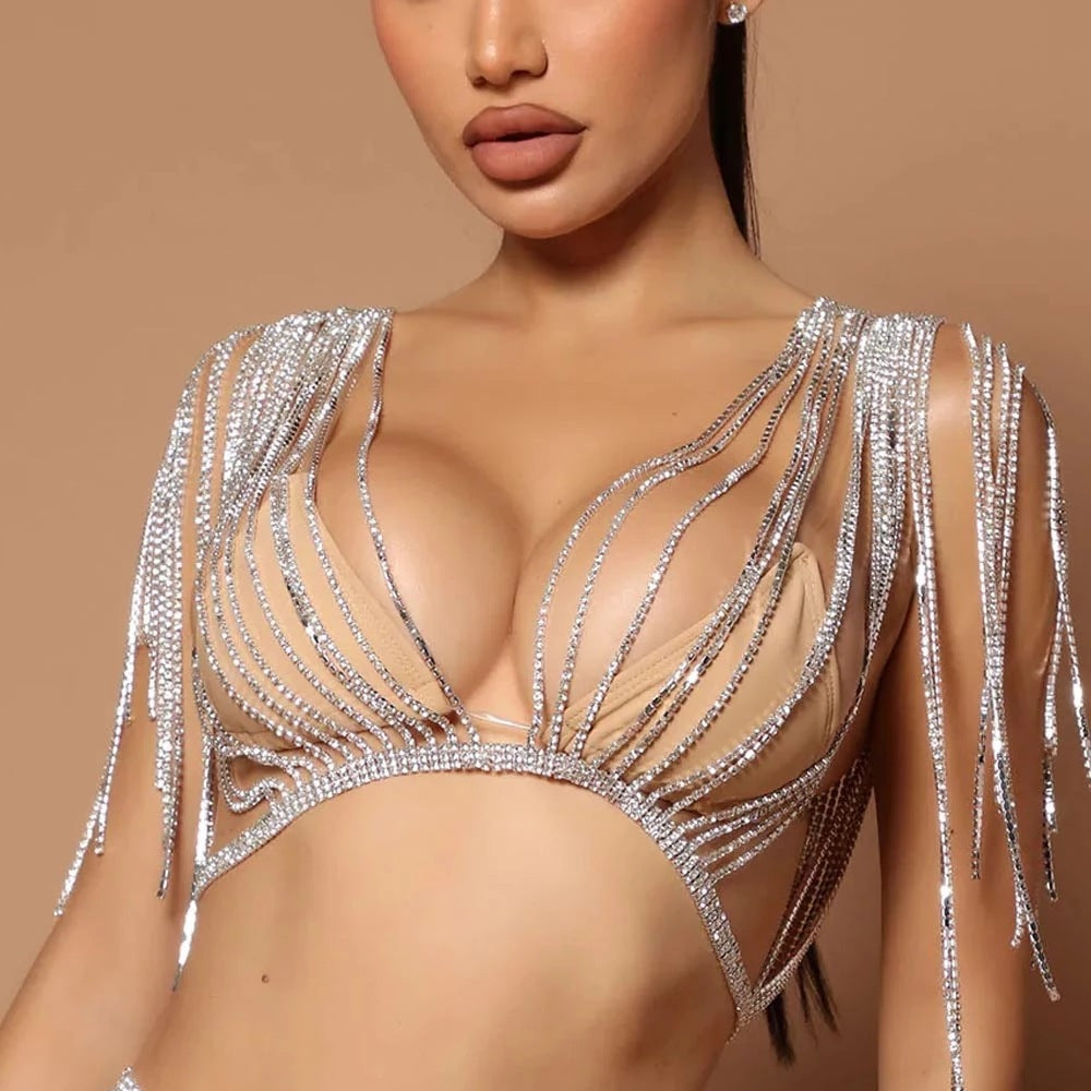 New Layered Rhinestone Bra Body Chain Women aclosy