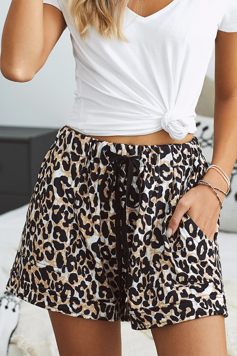 Full Size Leopard Drawstring Waist Shorts with Side Pockets Trendsi
