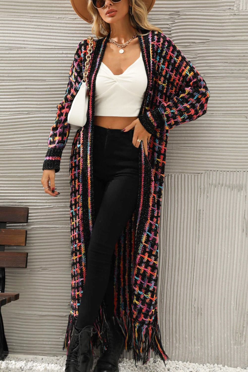 Multicolored Open Front Fringe Hem Cardigan Trendsi