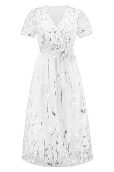 Sequin Leaf Embroidery Tie Front Short Sleeve Dress Trendsi