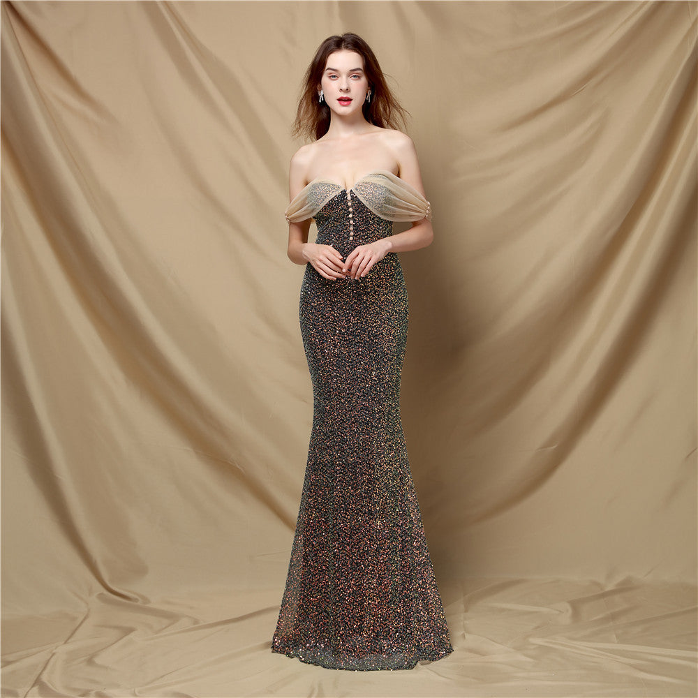 Women's Elegant Banquet Classic Mermaid Velvet Evening Dress aclosy