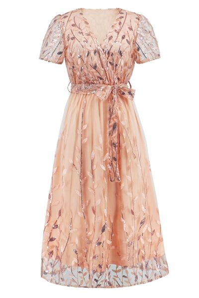 Sequin Leaf Embroidery Tie Front Short Sleeve Dress Trendsi