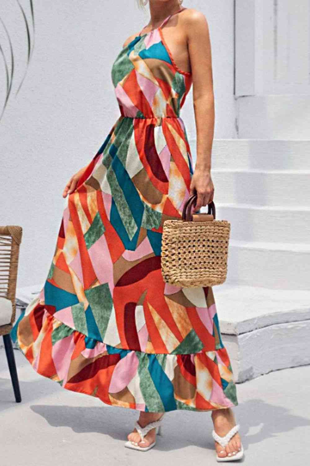 Multicolored Tied Grecian Neck Maxi Dress Trendsi