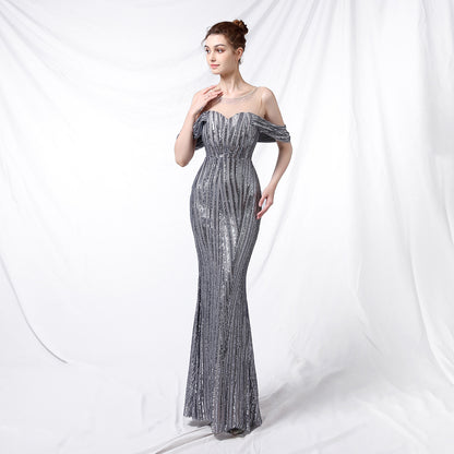 Long Sequined Long Dress With Front And Back aclosy