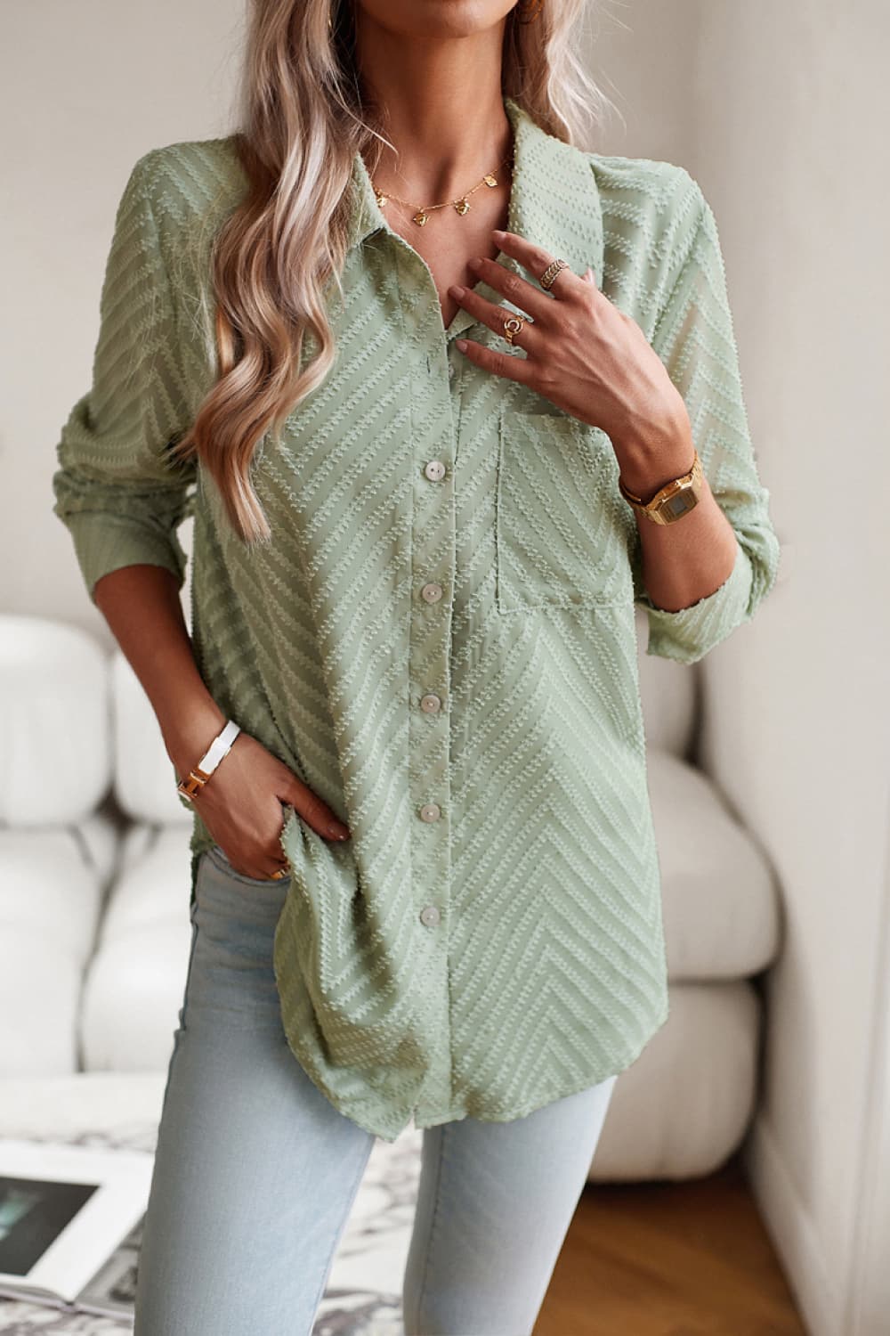 Collared Neck Long Sleeve Pocketed Shirt Trendsi