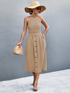 Buttoned Halter Neck Frill Trim Midi Dress Trendsi