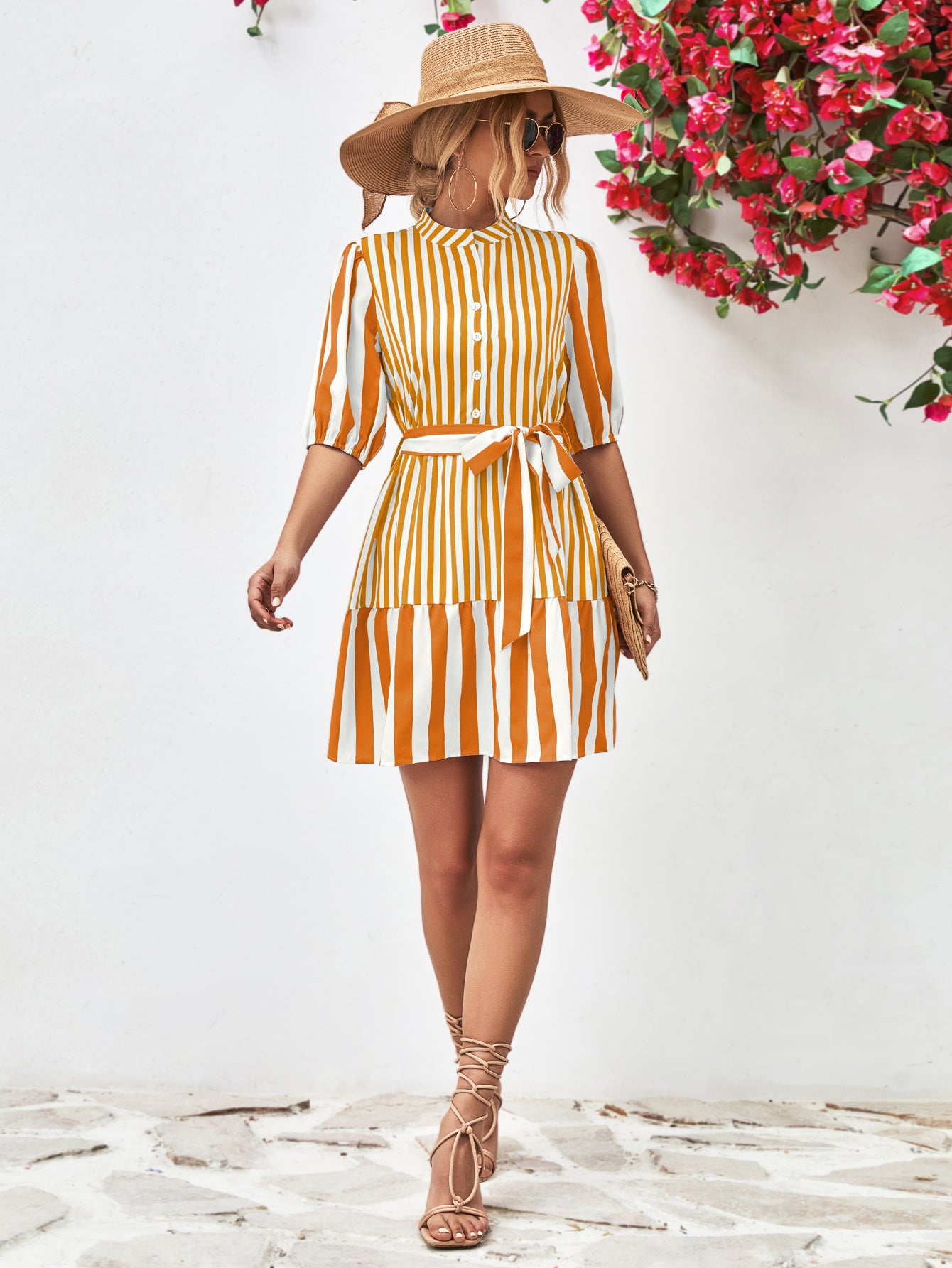 Striped Half Sleeve Tie Waist Mini Dress Trendsi