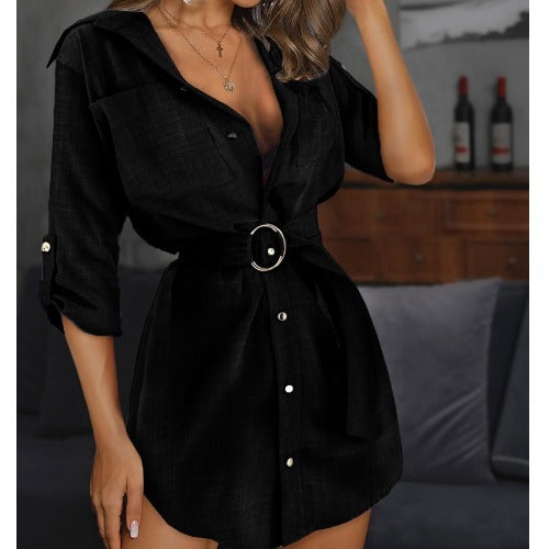 Solid color button sleeve shirt dress Best Choice