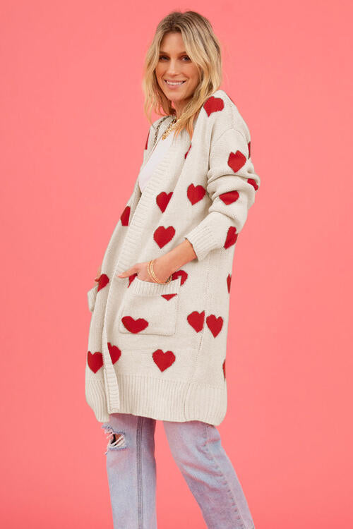 Heart Graphic Open Front Cardigan with Pockets Trendsi