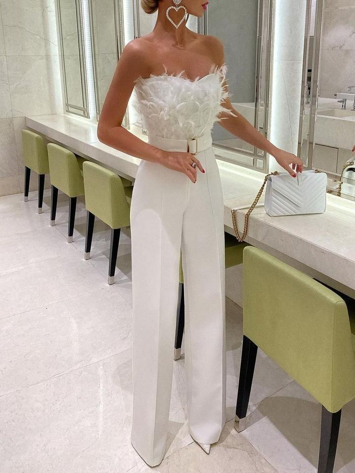 Feather Tube Top Fashion Jumpsuit-white ACLOSY