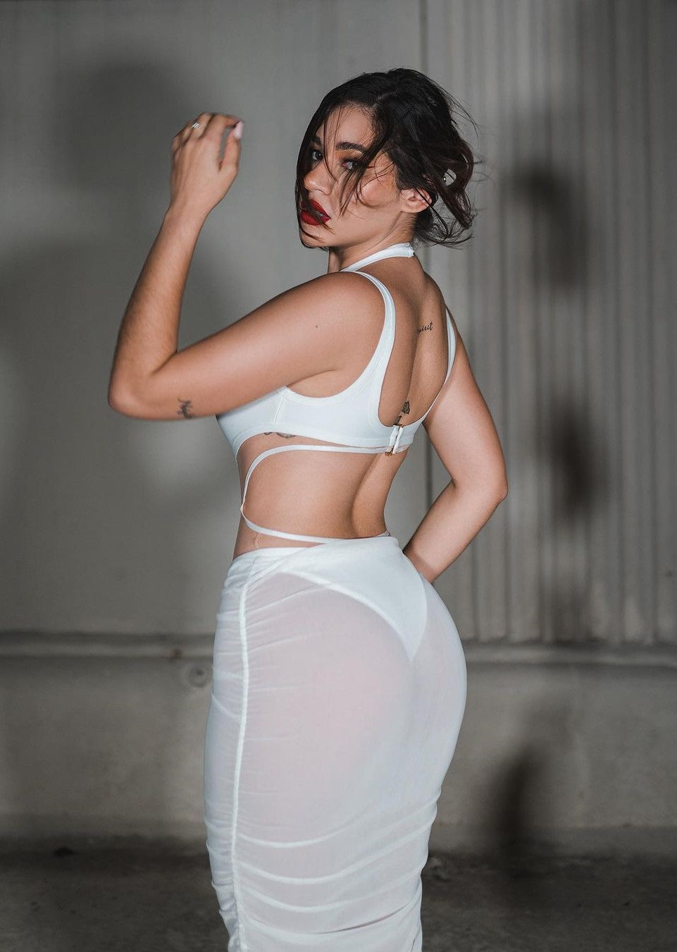 Kaira Cutout Mesh Midi Bandage Dress-White aclosy