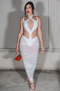 Kaira Cutout Mesh Midi Bandage Dress-White aclosy