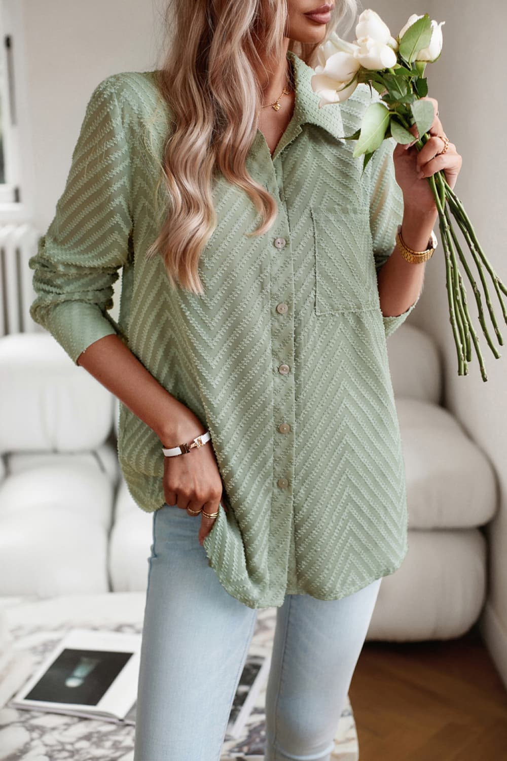 Collared Neck Long Sleeve Pocketed Shirt Trendsi