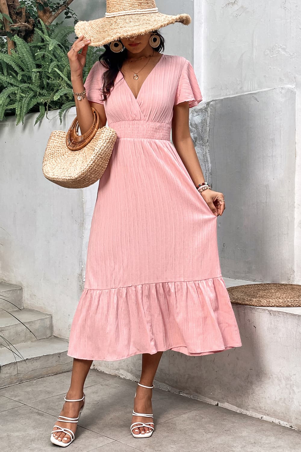 Surplice Neck Smocked Waist Flutter Sleeve Dress Trendsi