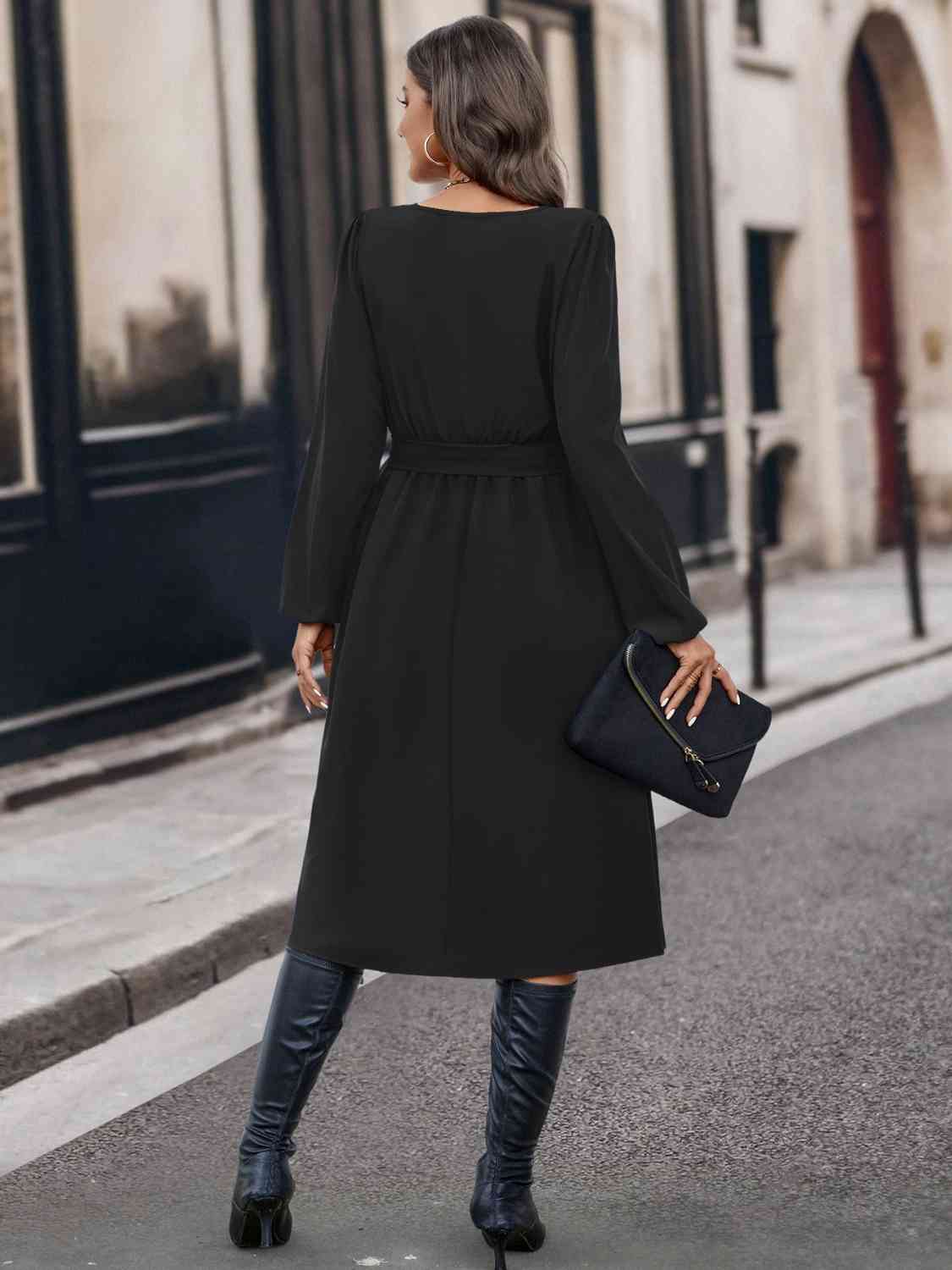 Buttoned Tie Front Long Sleeve Asymmetrical Neck Dress Trendsi