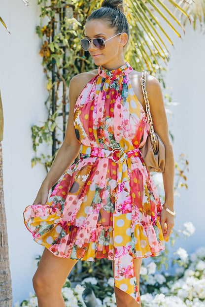 Floral Polka Dot Belted Sleeveless Mini Dress Trendsi