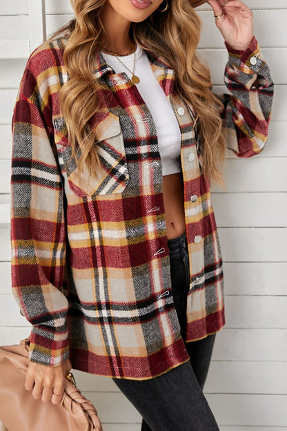 Plaid Pocketed Button Down Shacket Trendsi
