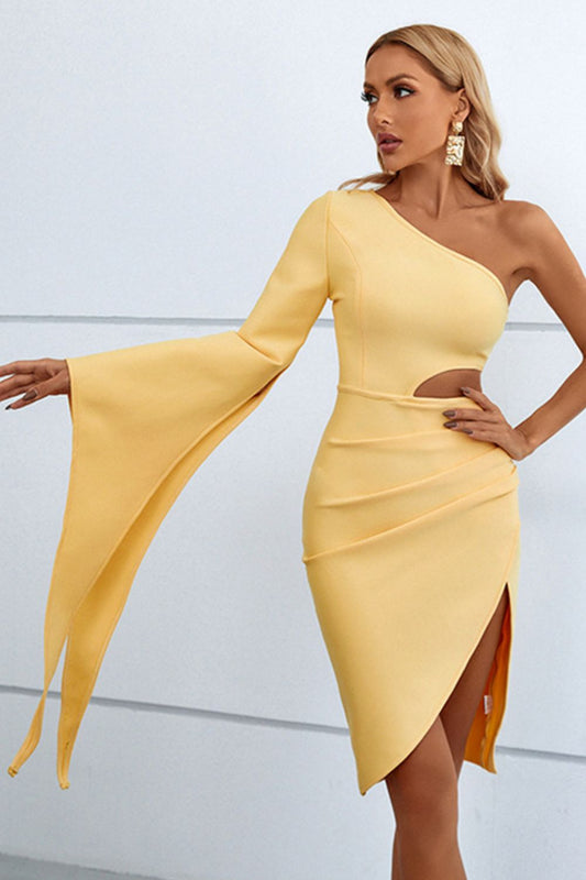 Cutout Split Flare Sleeve One-Shoulder Dress Trendsi