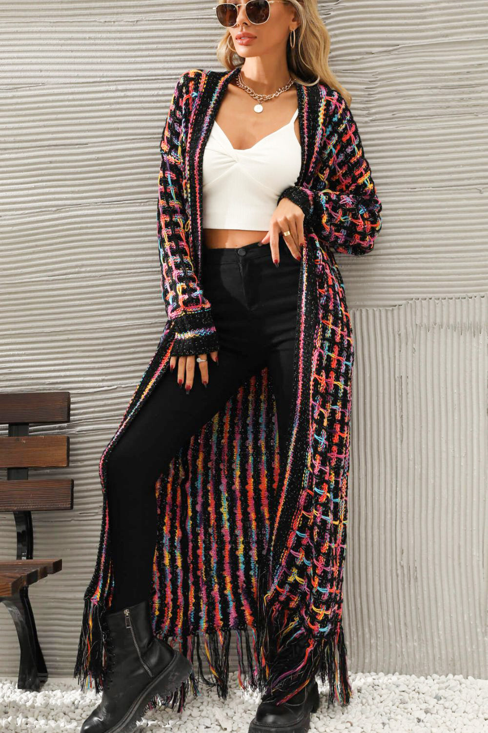 Multicolored Open Front Fringe Hem Cardigan Trendsi