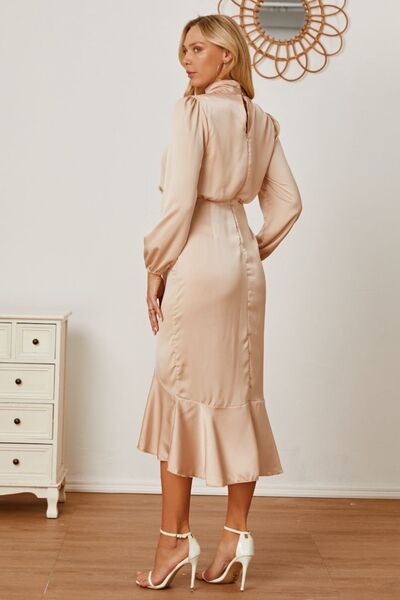 Mock Neck Ruffled Asymmetrical Dress Trendsi