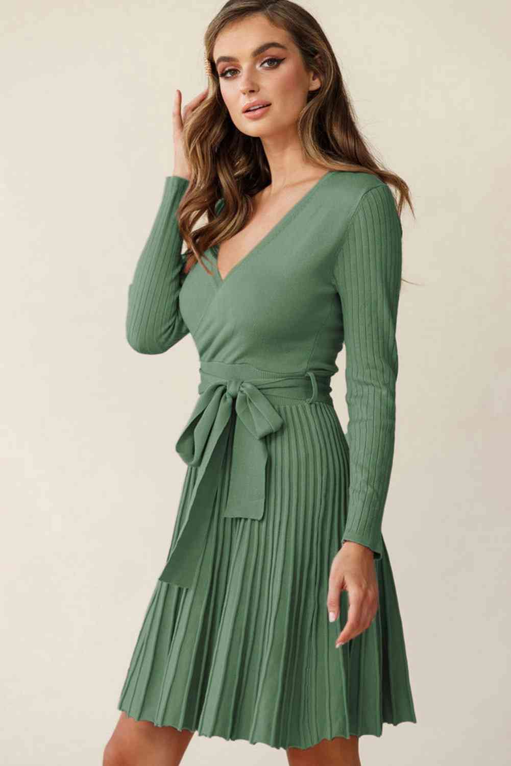 Surplice Neck Tie Waist Pleated Dress Trendsi