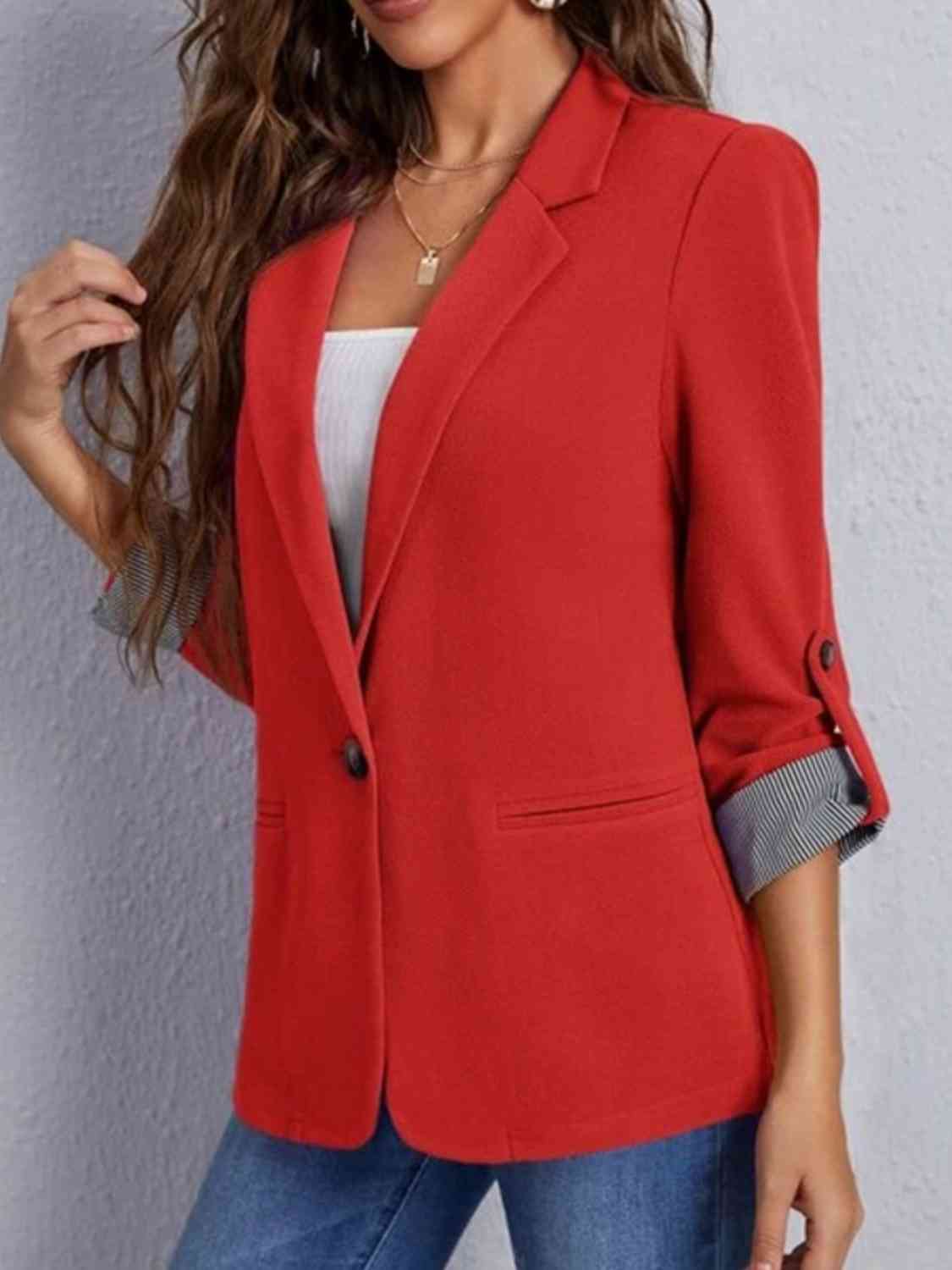 Lapel Collar Roll-Tab Sleeve Blazer Trendsi