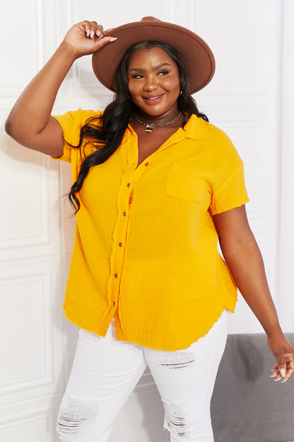 Zenana Full Size Summer Breeze Gauze Short Sleeve Shirt in Mustard Trendsi