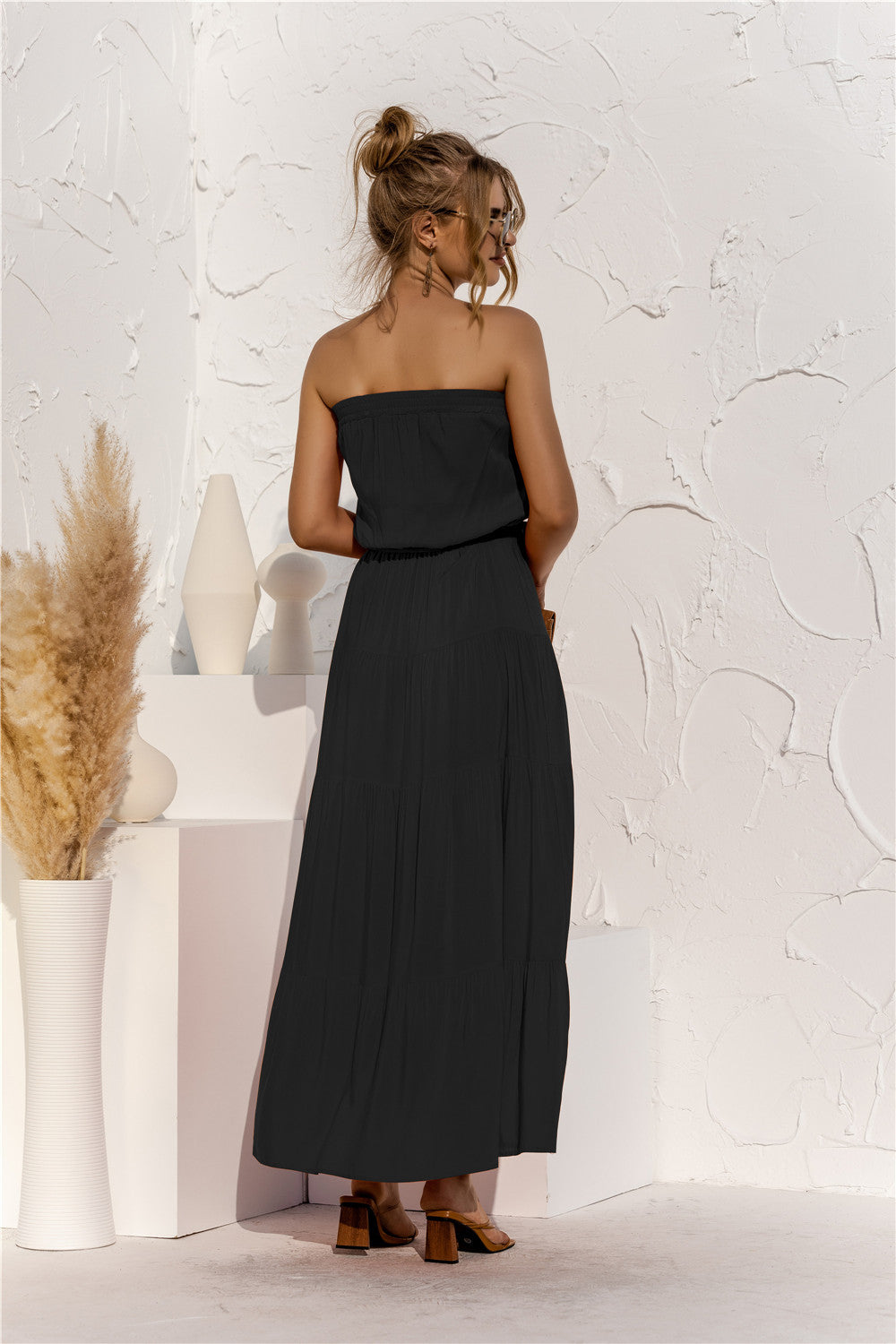 Strapless Tie Waist Tiered Maxi Dress Trendsi