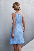 Printed Tie Waist Ruffle Hem Sleeveless Dress Trendsi