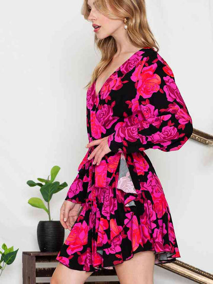 Floral Print Surplice Neck Long Sleeve Dress Trendsi