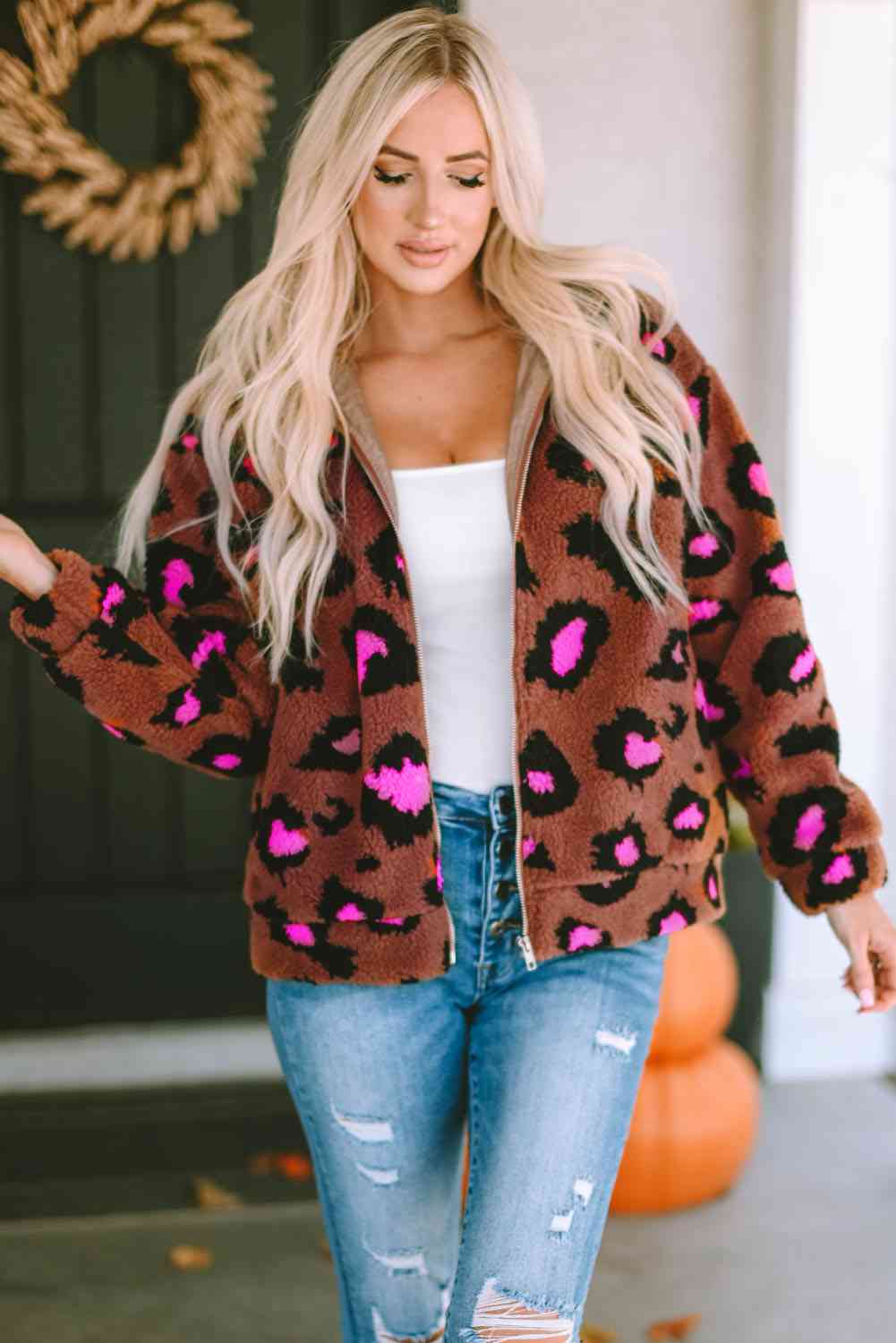 Leopard Zip-Up Jacket Trendsi