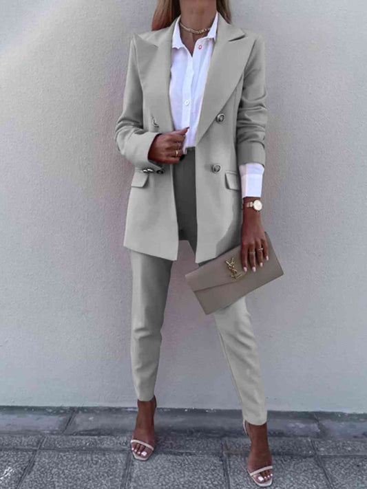 Lapel Collar Long Sleeve Blazer and Pants Set Trendsi